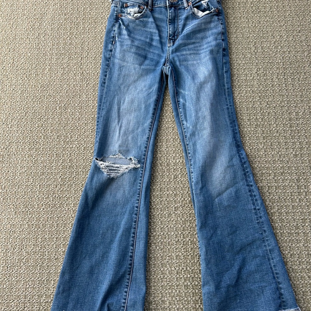 American Eagle Blue Flare Wide Leg Jeans with Distressed Detail